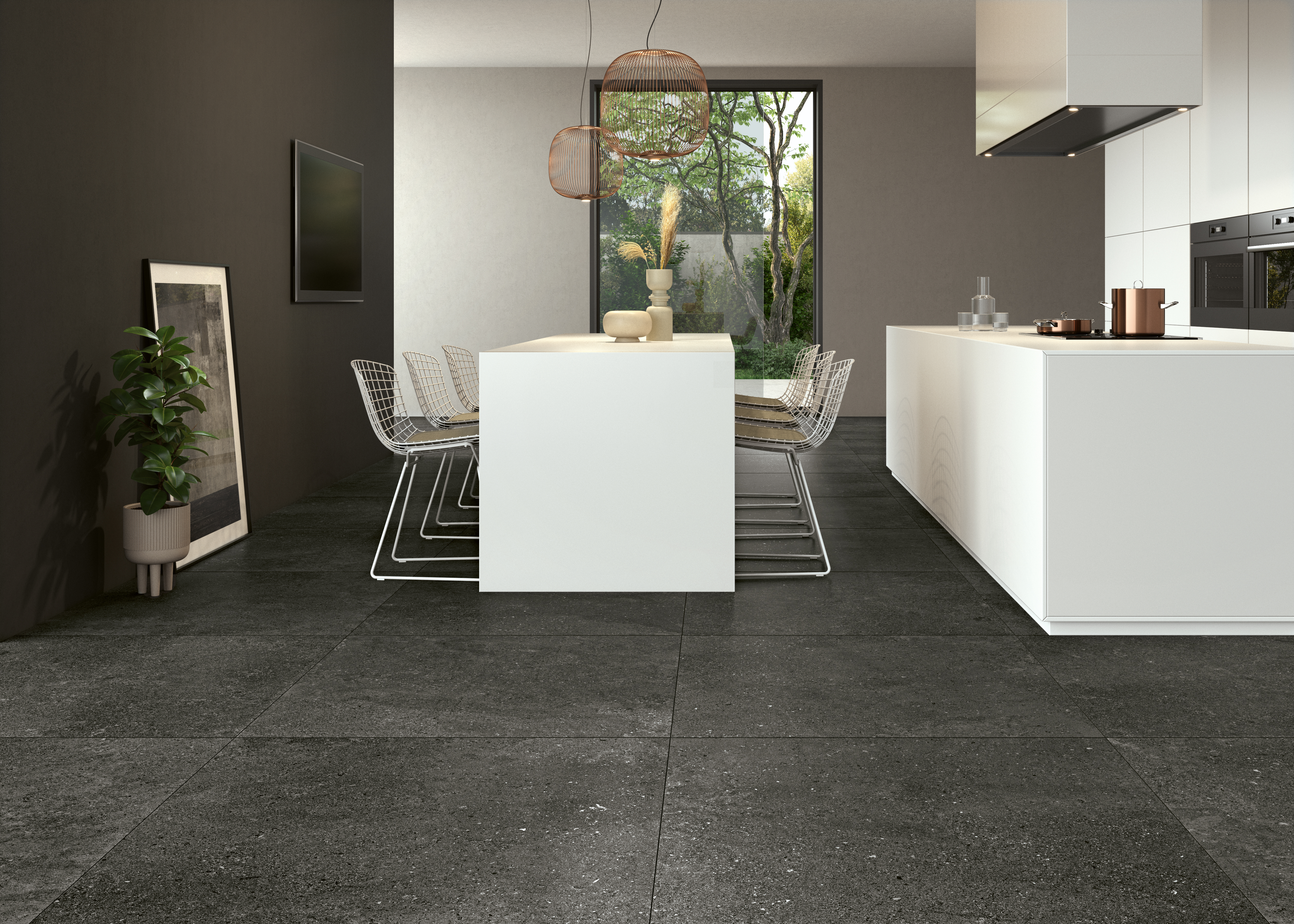 dunkel grau Steinoptik Bodenfliesen in der Küche, dark grey stone effect tiles  on the kitchen floor 