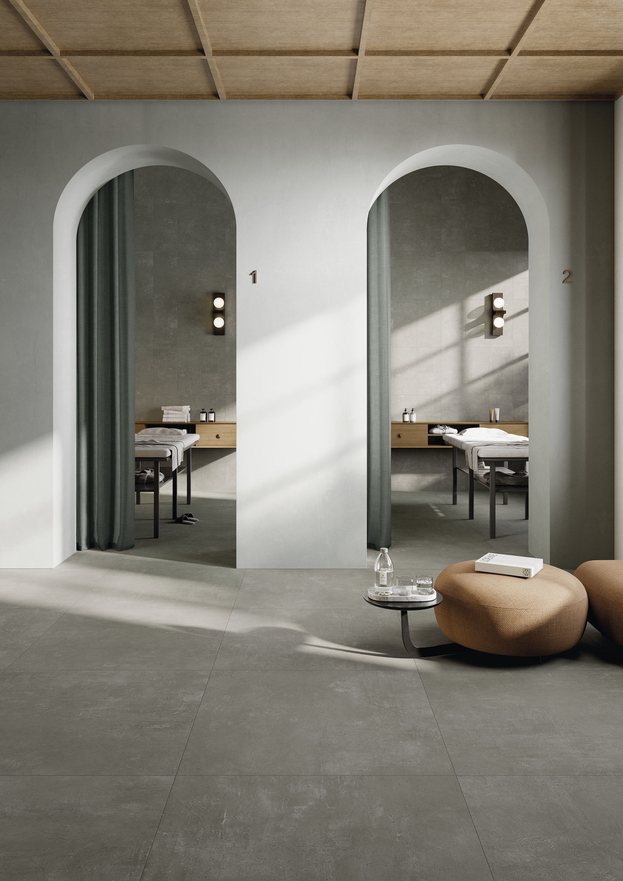 Elegante graue Fliesen in einem modernen Wellness-Bereich mit Holzakzenten.