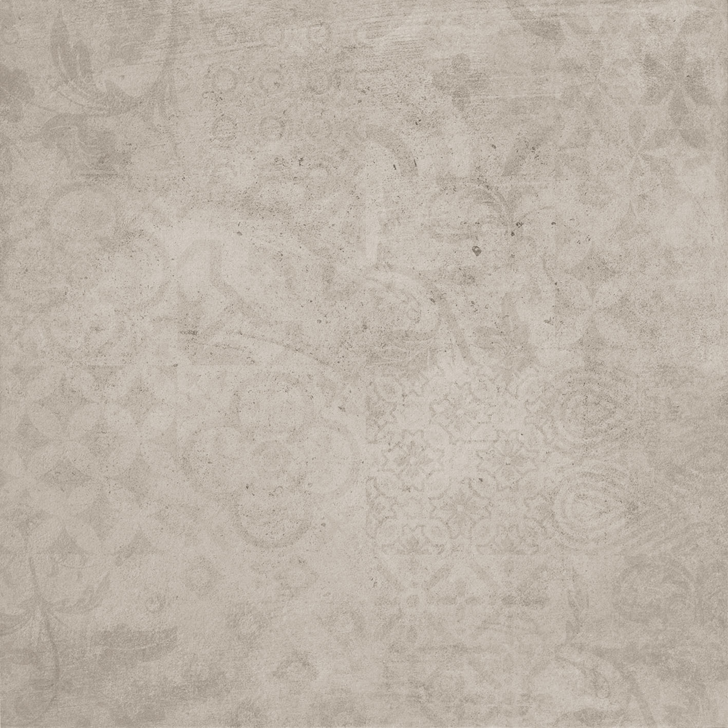 : Piastrella tortora con motivi patchwork ornamentali sbiaditi.