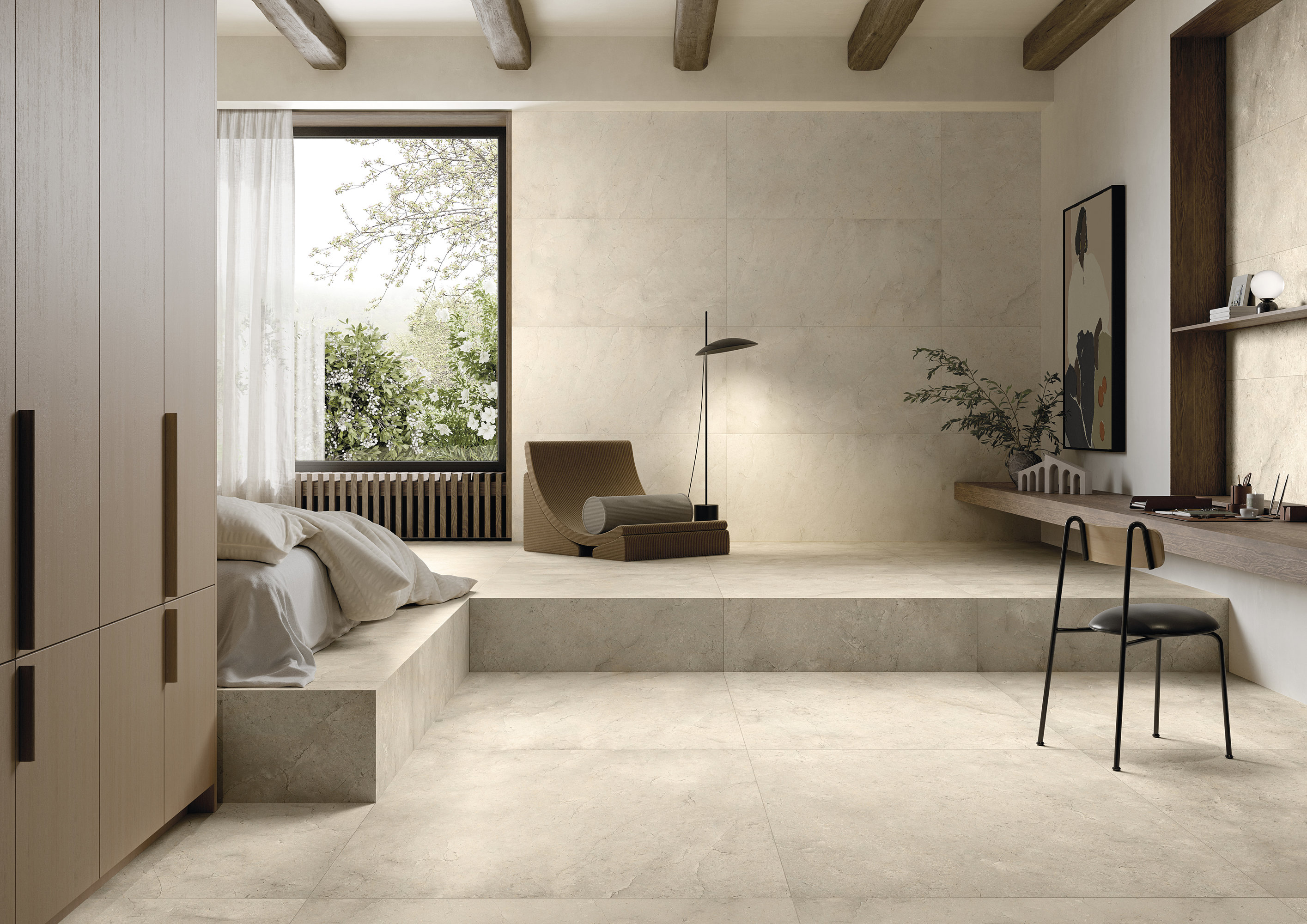 Großformatige Fliesen in hellem Beige für ein stilvolles Schlafzimmer.