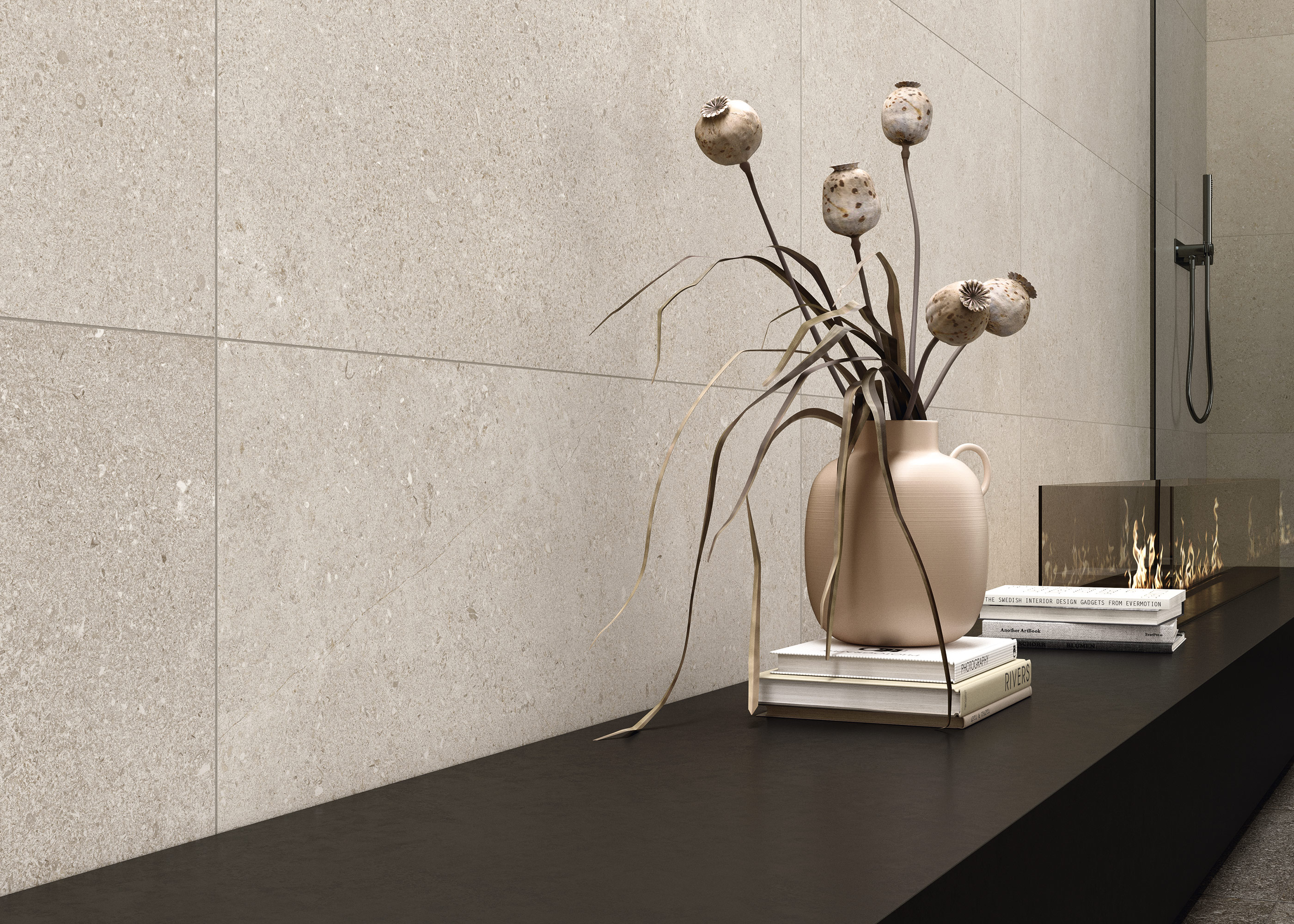 Großformatige, hochwertige hellgraue Wandfliesen im modernen Bad.