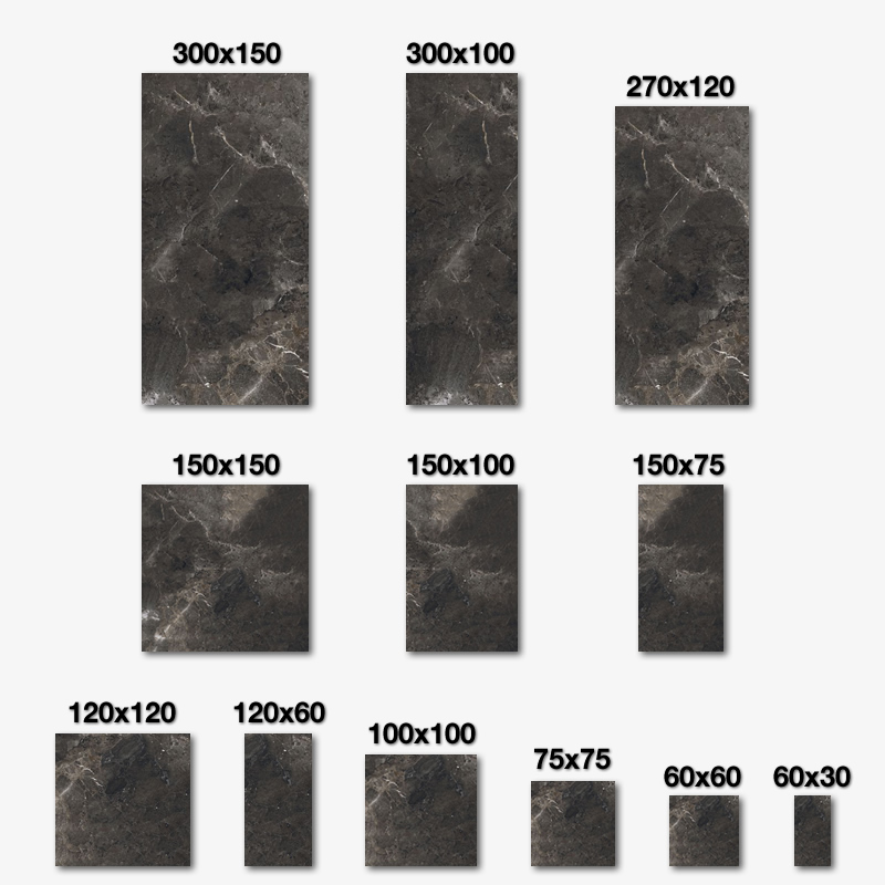 Porcelaingres piastrelle venate grigio scuro, disponibili in vari formati per interni ed esterni.