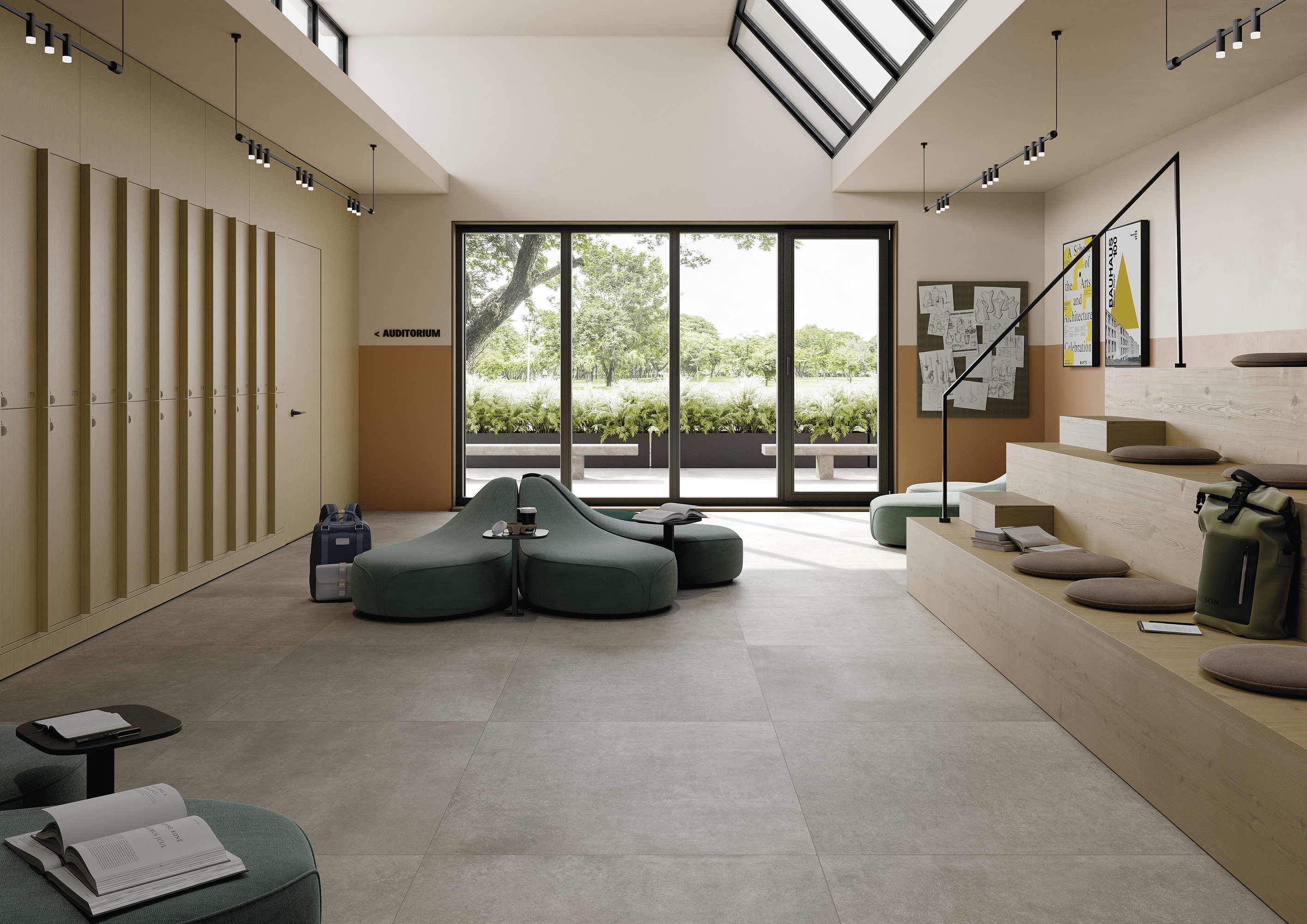 Piastrelle grigie grandi e di pregio in un lounge moderno e luminoso.