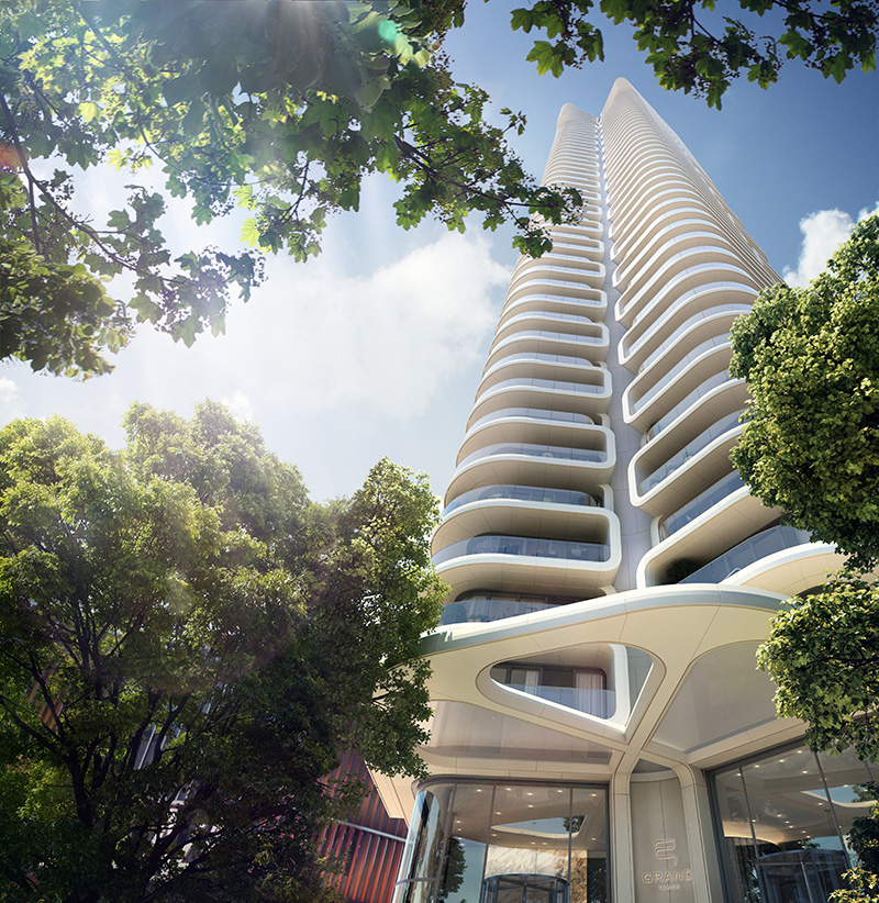 Grattacielo moderno con balconi curvi – ideale per le nostre piastrelle di alta qualità.