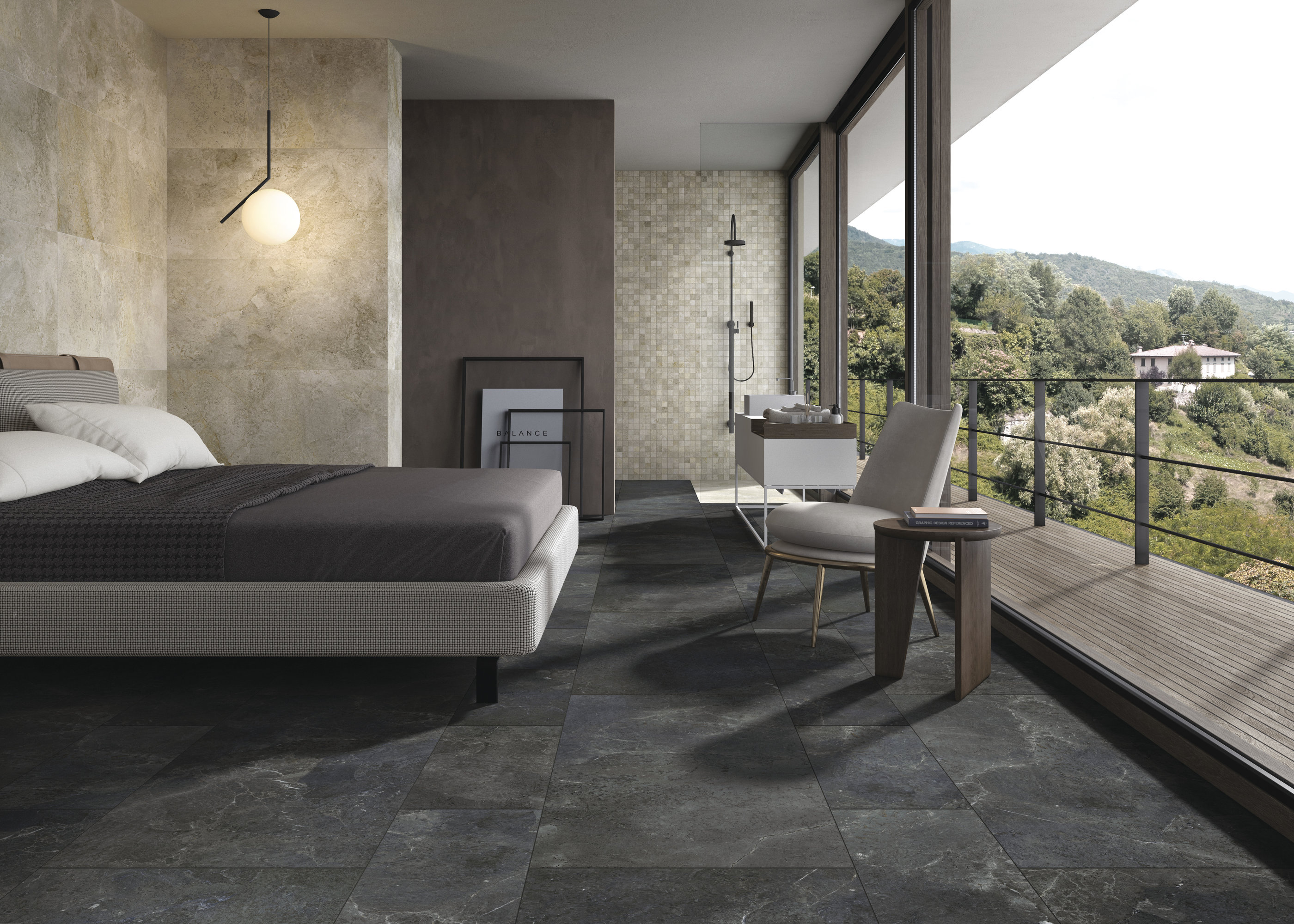 Dunkle Bodenfliesen und helle Wandfliesen in einem modernen Schlafzimmer mit Balkon und Aussicht.