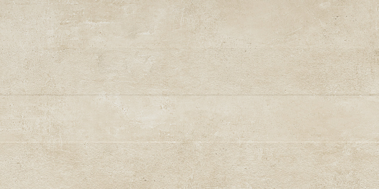 Piastrella in gres porcellanato beige chiaro con effetto cemento delicato e struttura a doghe.