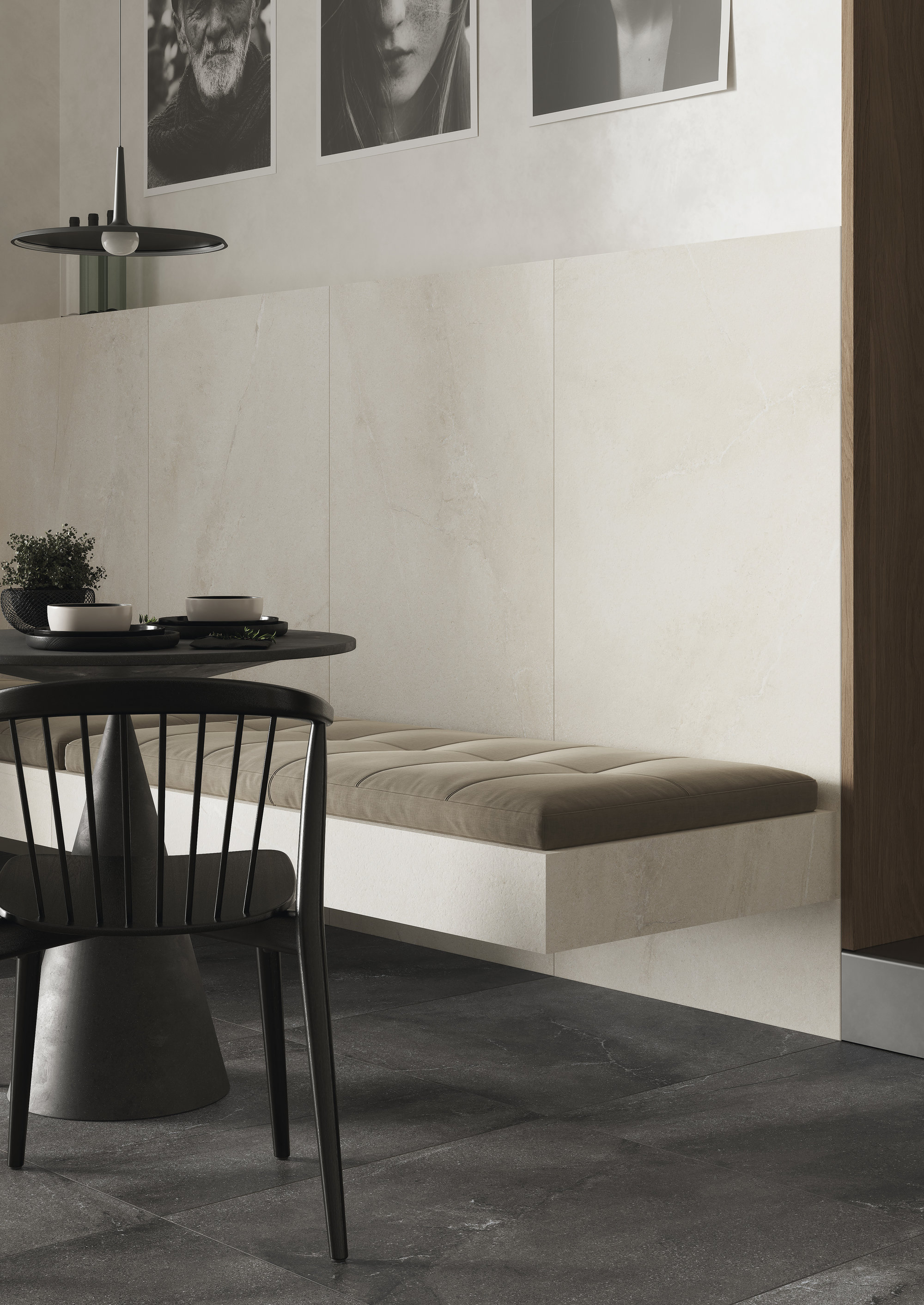 Moderne Innenraumgestaltung mit dunklen Bodenfliesen und hellen Wandfliesen.